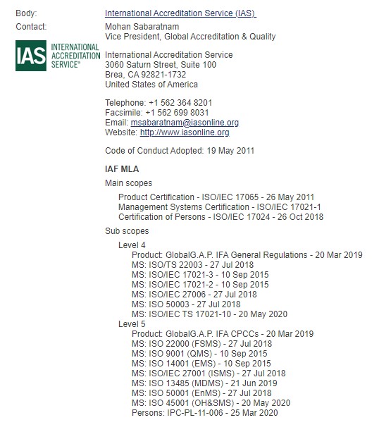 Check on IAS’s information and accreditation scope