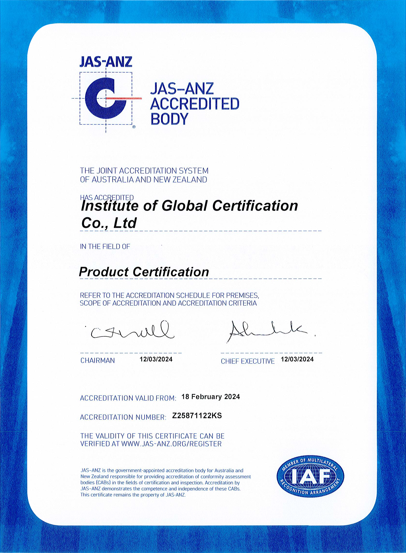 JAS-ANZ Certificate